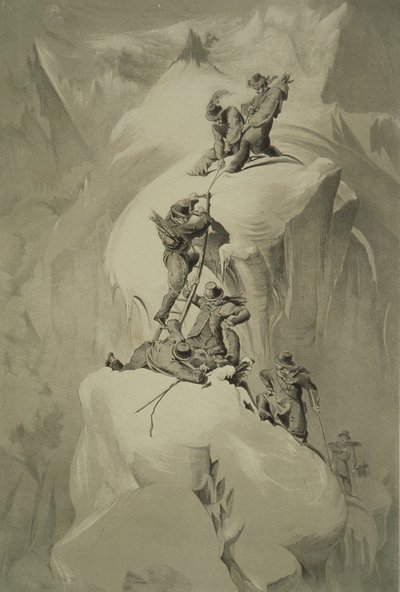 Crossing a Crevasse, from Ten Scenes in the Last Ascent of Mont Blanc Including Five Views from the Summit by English School